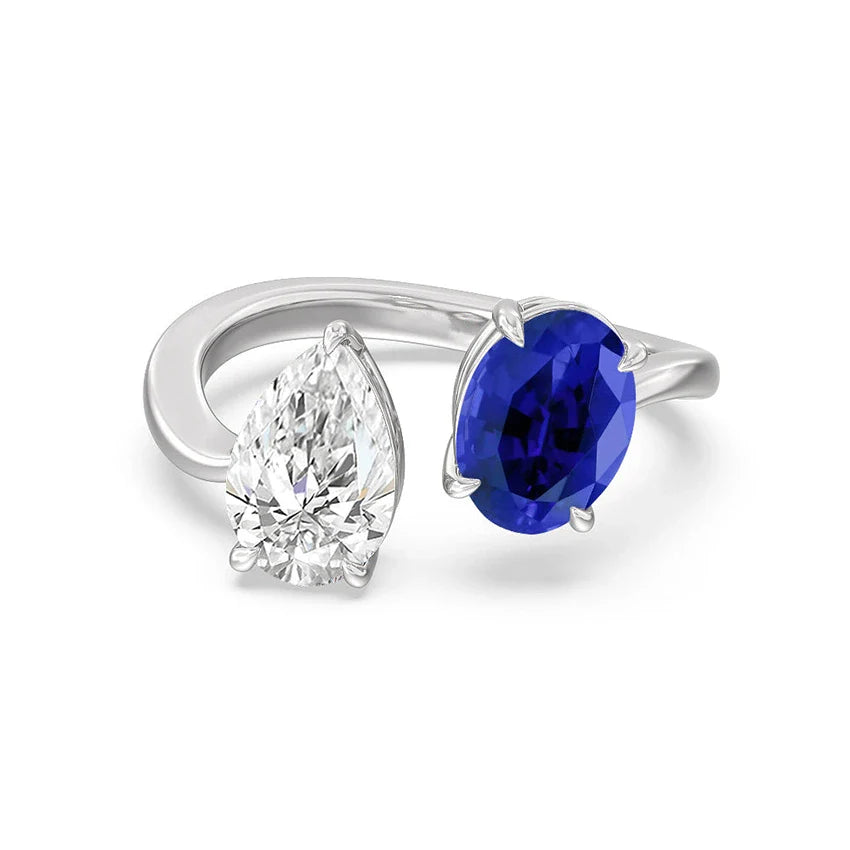 Oval Sapphire&Pear Moissanite Toi et Moi Ring