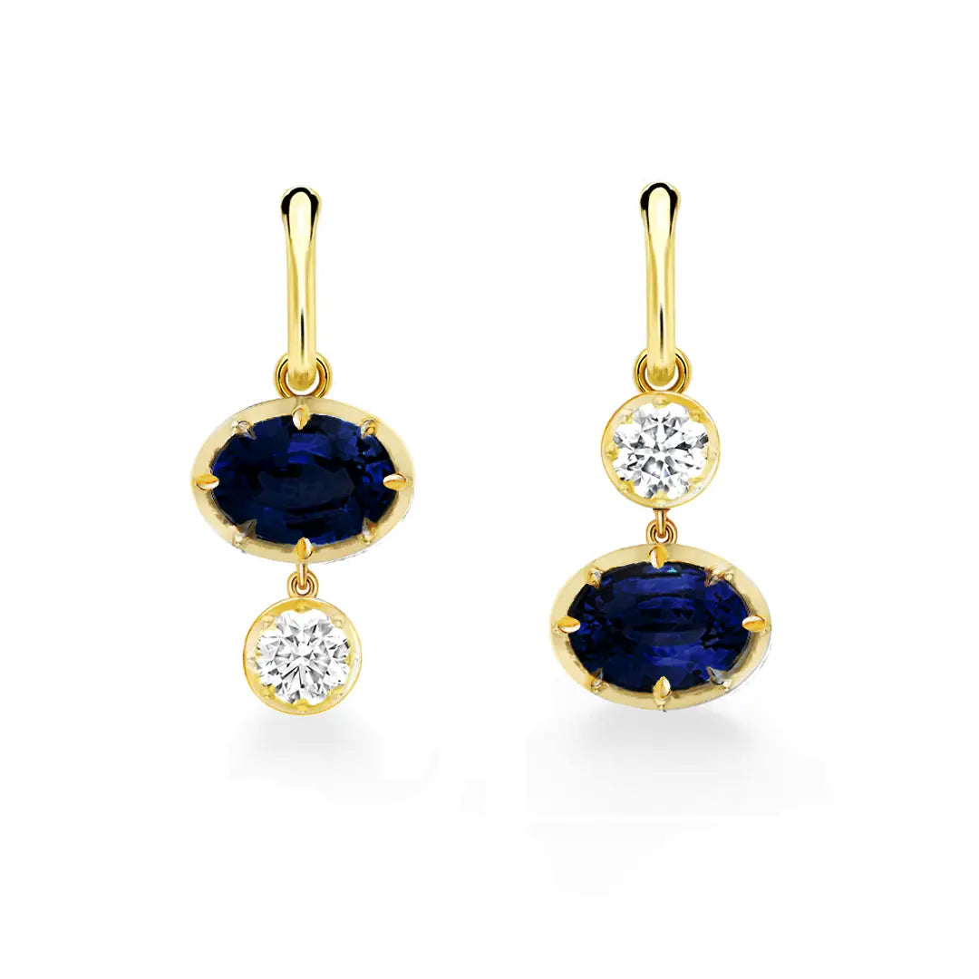 Asymmetrical Moissanite Earrings - Round Moissanite and Oval Blue Moissanite